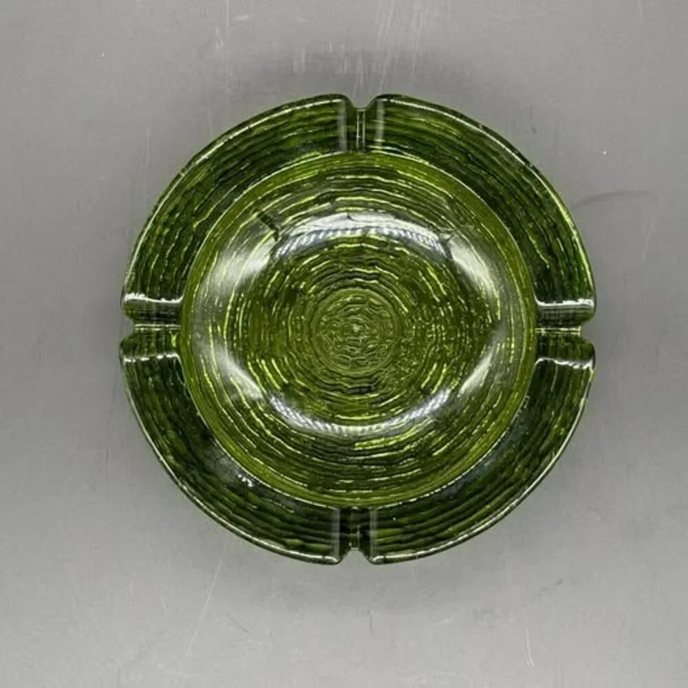 Vintage MCM Anchor Hocking Soreno Avocado Green Textured Glass Ashtray 6.25”
